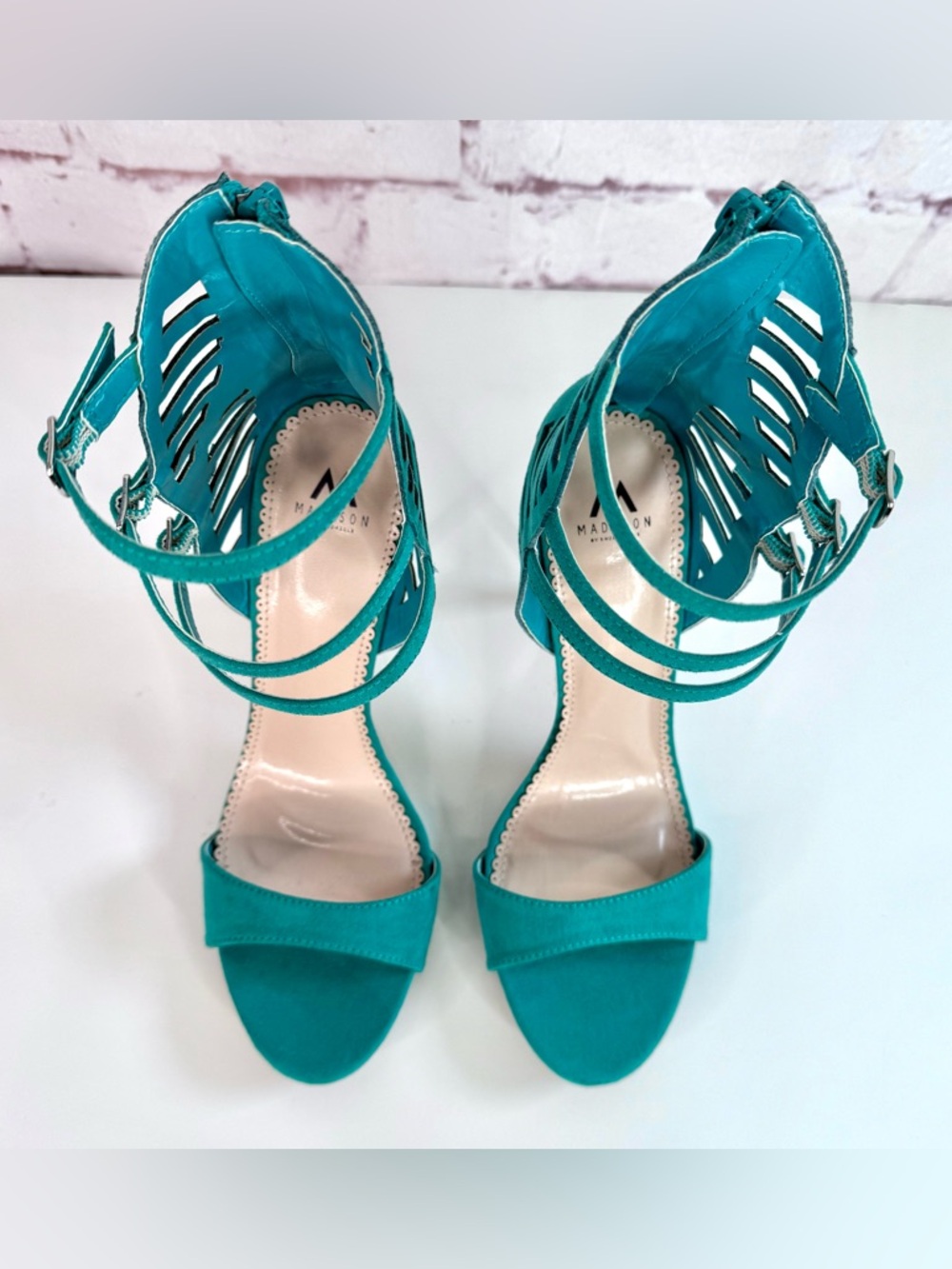 MADISON Teal Cage 3 Buckle Faux Suede Stiletto Open Toe Heels Size 9 - Picture 10 of 16